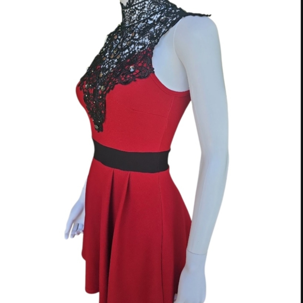 Windsor Red and Black Mock Neck Fit and Flare Mini Dress - Picture 3 of 7